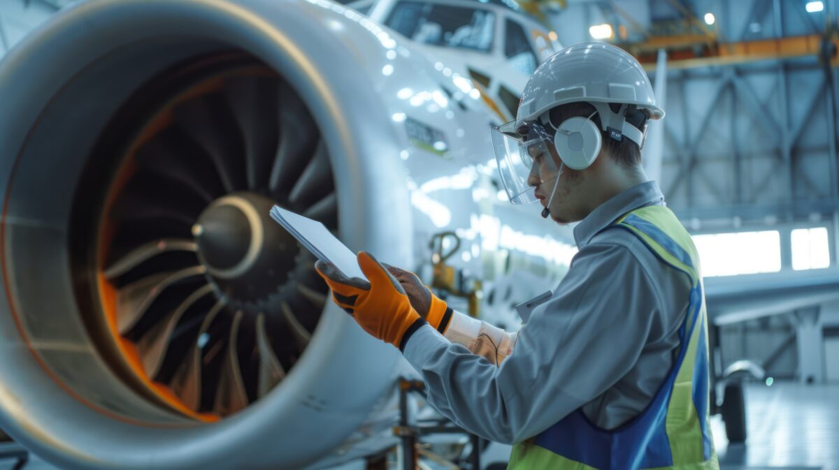 An aerospace engineer conducting stress tests on aircraft materials
