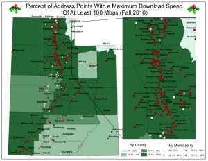 Click to open December 2016's map: Percent of Address Points with a Maximum Download Speed of at Least 100 Mbps