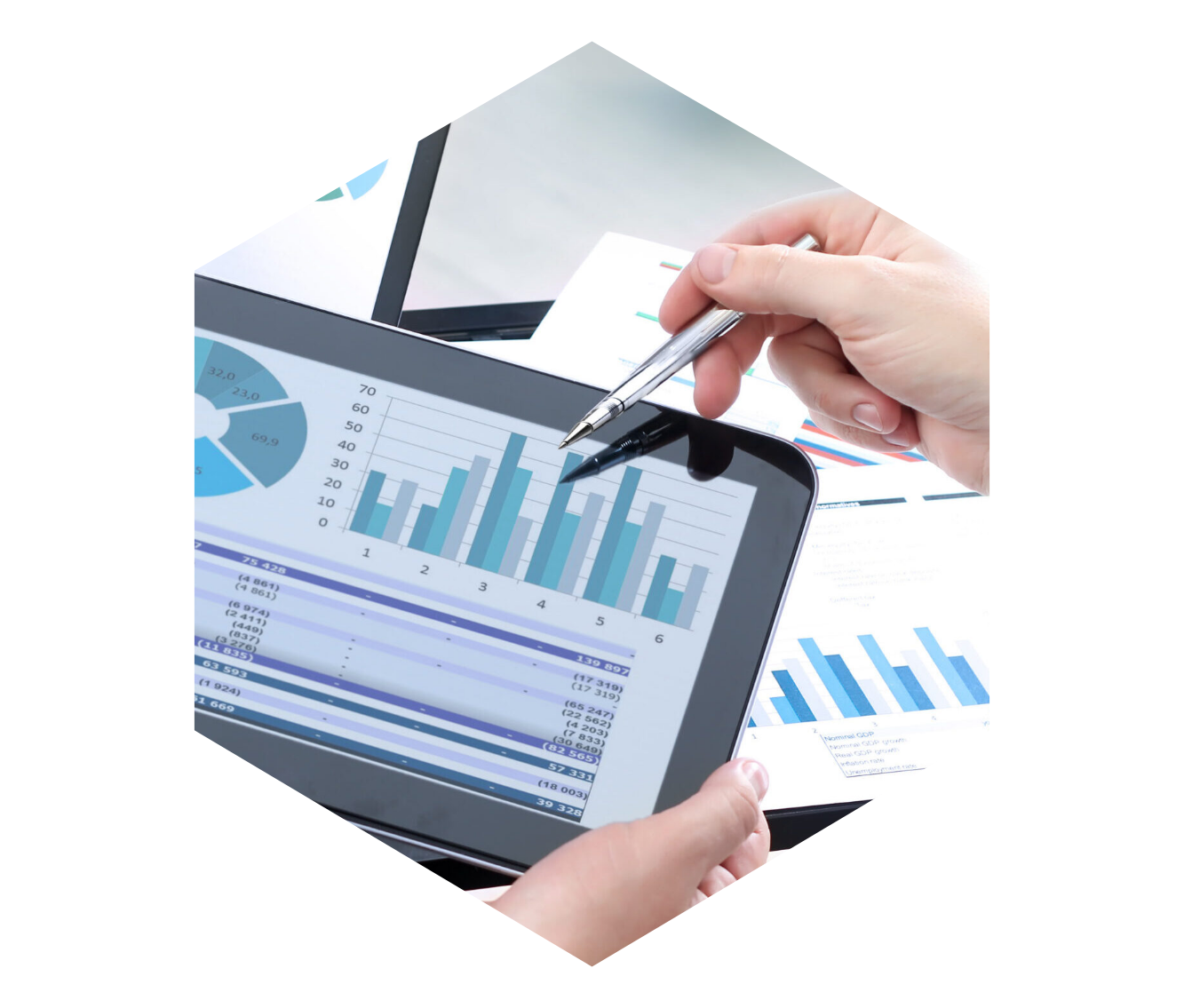 hands pointing to data and graphs on a tablet