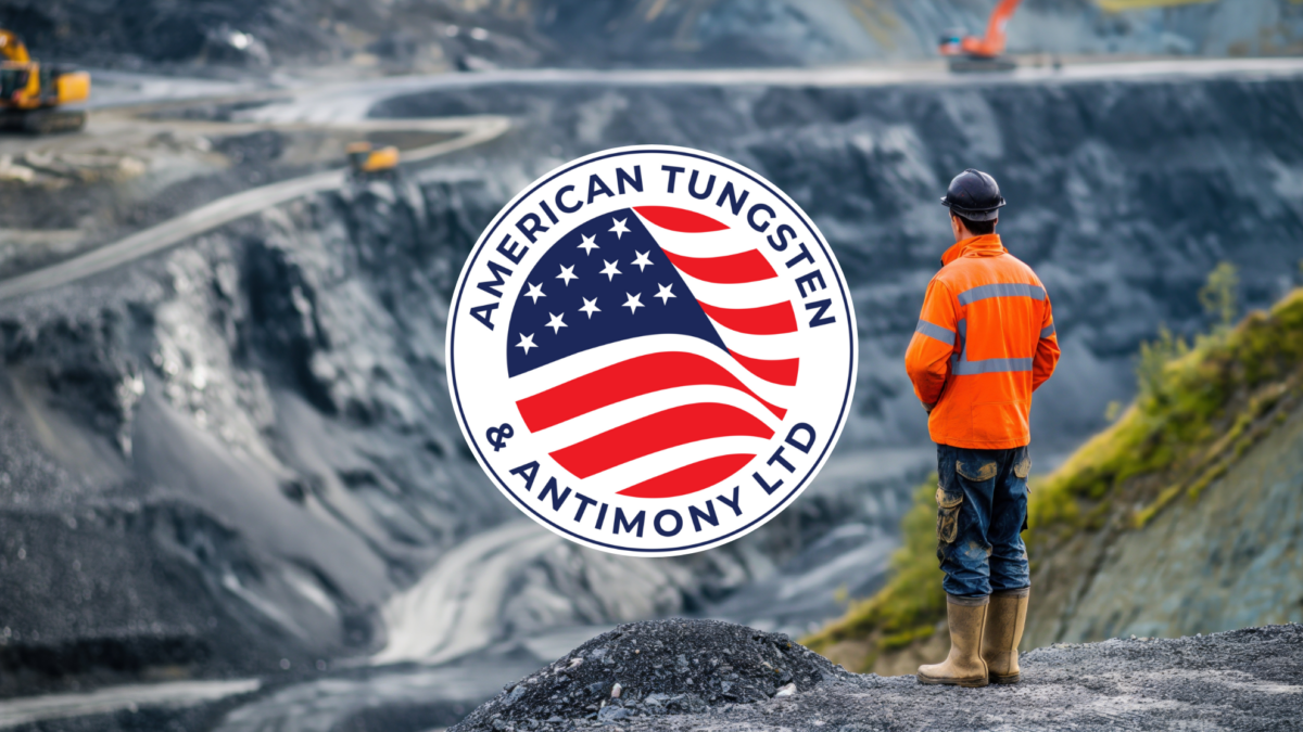 American Tungsten and Antimony logo with photo of worker inspecting mining operation
